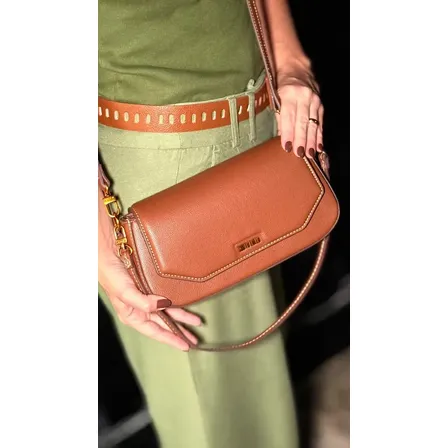 Bolsa Santa Lolla Flap Bag Média Estruturada Alça Dupla Risco Safari Liso Dourado Da Cor Da Bolsa