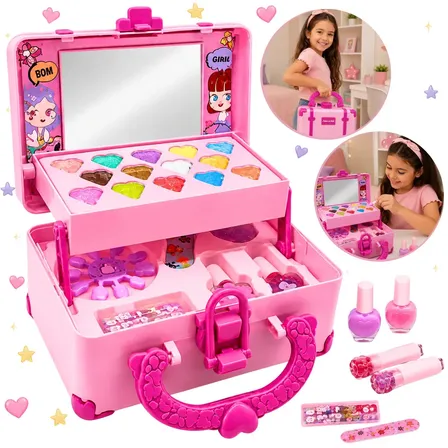 Maleta De Maquiagem Infantil Lavável Com Espelho Kit Completo 32 Peças Antialérgica Presente Menina Mompas