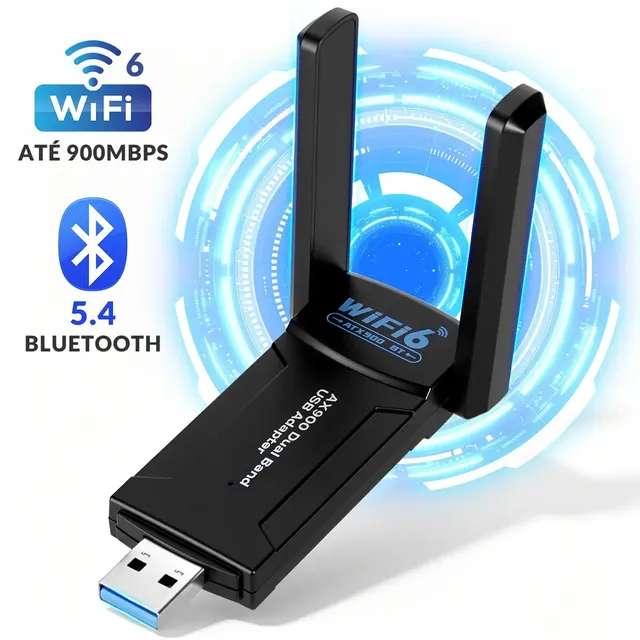 Adaptador Wifi USB 3.0 WiFi 6 AX900 900Mbps Dual Band Placa De Rede Wireless Sem Fio 2.4GHz 5GHz Bluetooth 5.4 Para PC Notebook Windows 10/11 Antena Wifi Externa Alta Velocidade FORESTORY