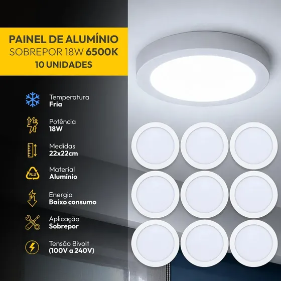 Kit 10 Painel Led Plafon Aluminio Sobrepor 18w 6500K Branco Frio 22cm Redondo Cod: ALUT002007-10 Alut By Avant