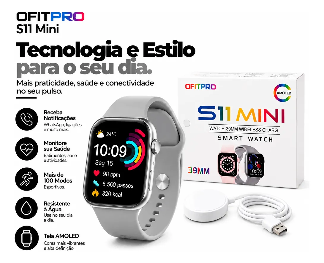 Smartwatch Ofitpro S11 Mini 39mm Tela Amoled Carga Sem Fio Prateado Clássica Esportiva Cinza