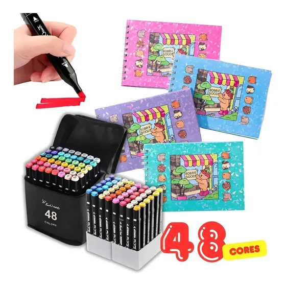 4 Livros De Colorir Comfy E Cozy Estilo Bobbie Goods, Capa Dura, Totalizando 200 Páginas Para Colorir + 48 Canetinhas Hidrográficas Touch Ponta Dupla - Marca Greendles.