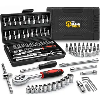 Kit Chave Catraca Soquete Bits 46 Peças Cromo Vanádio Catraca Reversível Manutenção Carros e Motos The Black Tools