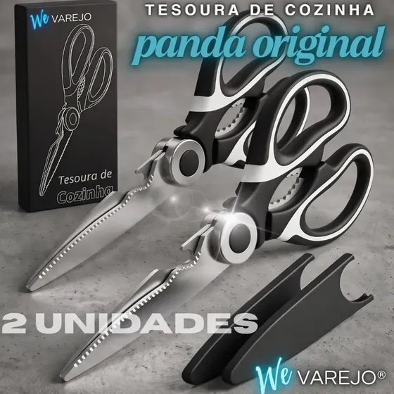 Kit 2 Tesouras De Cozinha Preta We Varejo Multifuncional Para Cortar Osso Carne Frango Peixe Aço Inox Ergonomica 20cm Tesoura Panda Original