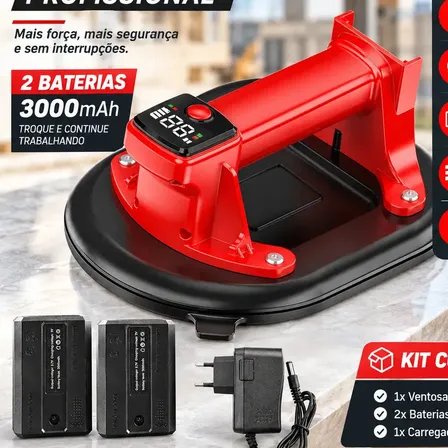 Kit Ventosa Automática Recarregável Fallove, 2 Baterias e Re-Sucção Para Granito e Vidro