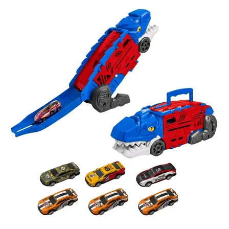 Caminhão Dinossauro Com 6 Carrinhos Brinquedo Pista Corrida Lançador Garagem Dinobot Maxi Toys - AZUL