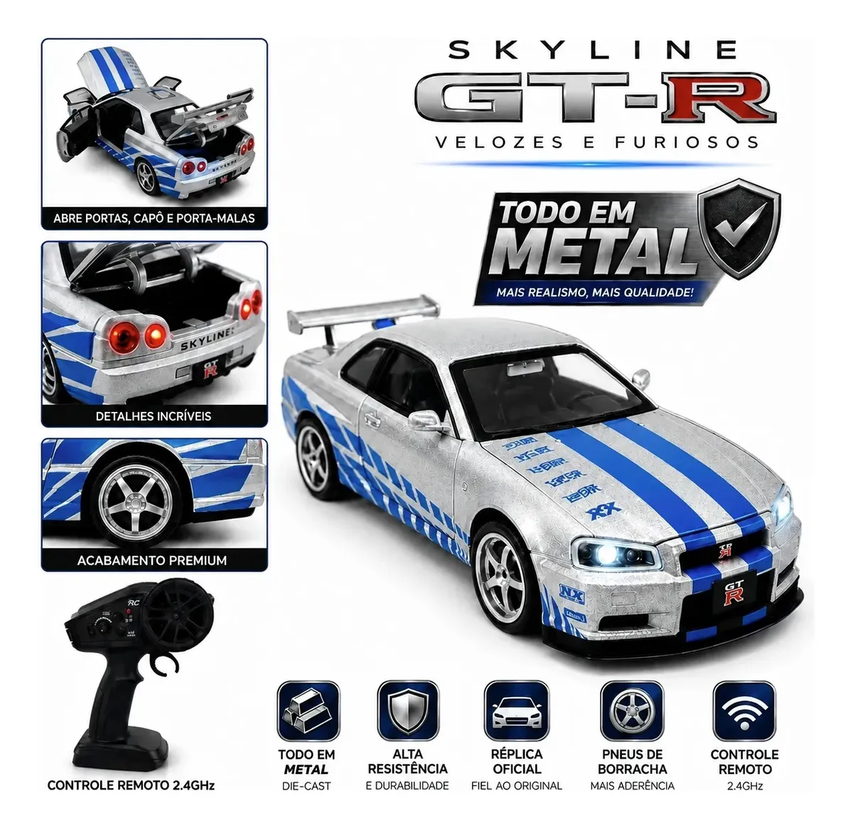Carro Drift Controle Remoto Skyline R34 Velozes E Furiosos Prata/azul
