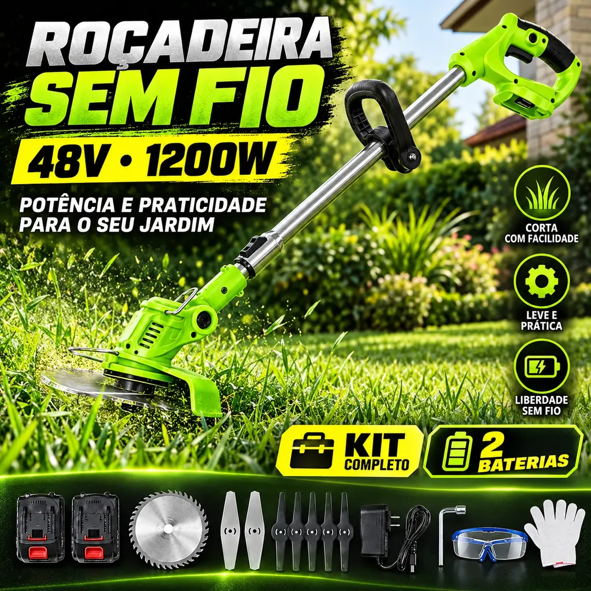 Roçadeira Sem Fio 48v 1200w Com 2 Baterias Kit Completo 127/220v Verde
