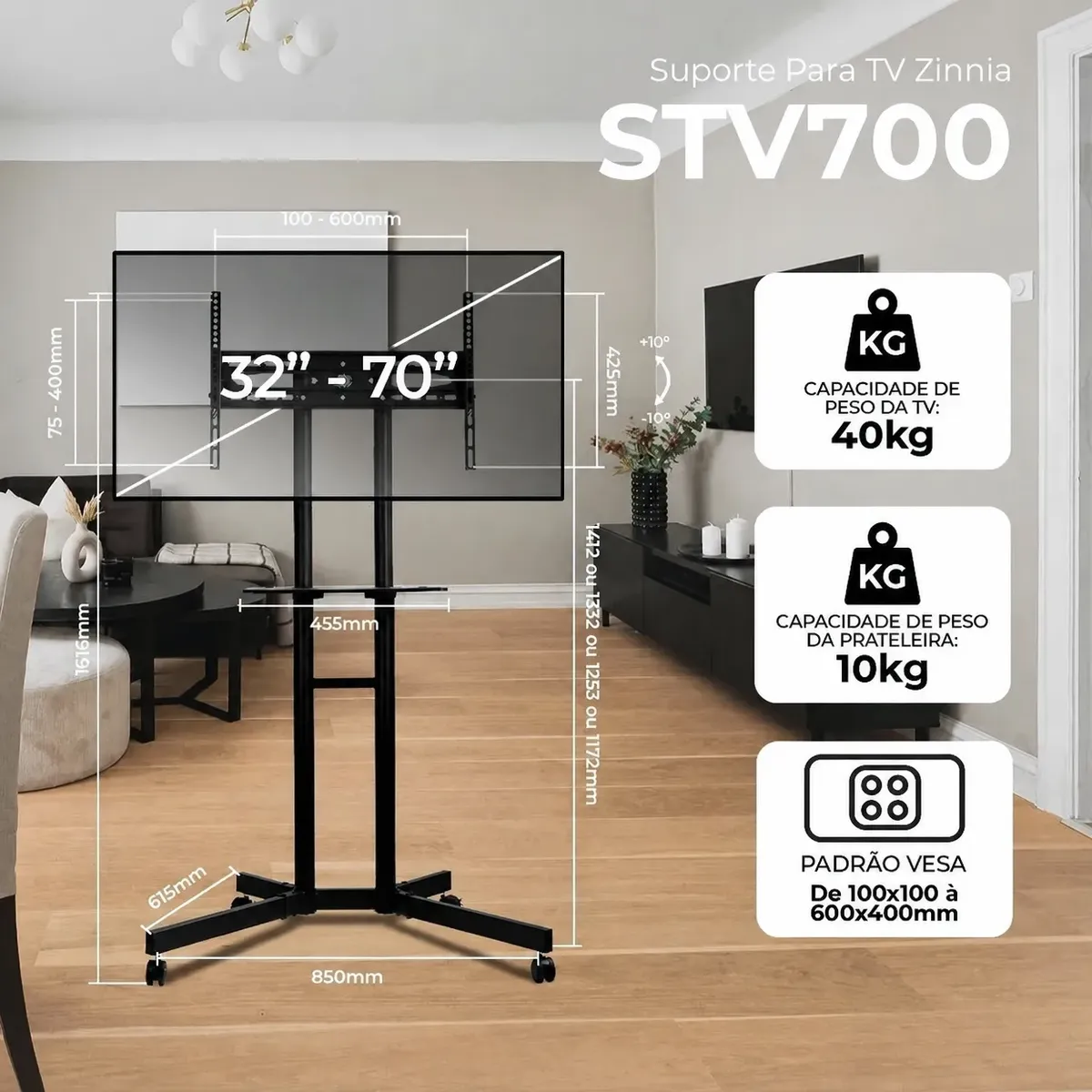 Suporte Tv De Chão Tipo Rack 37 A 70 C/ Rodinha Preto