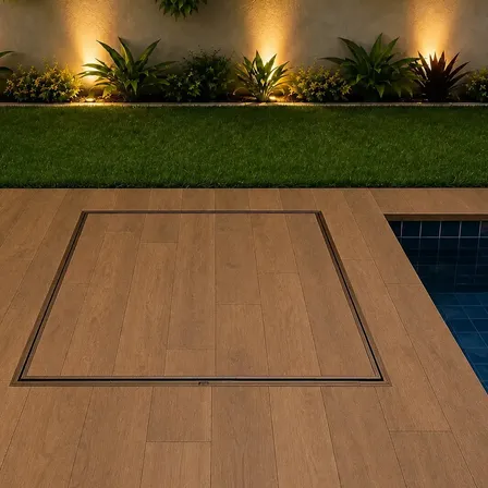 Tampa Casa De Máquina Piscina 80x80 Rebaixada Oculta Aço Galvalume MetalFort Marrom