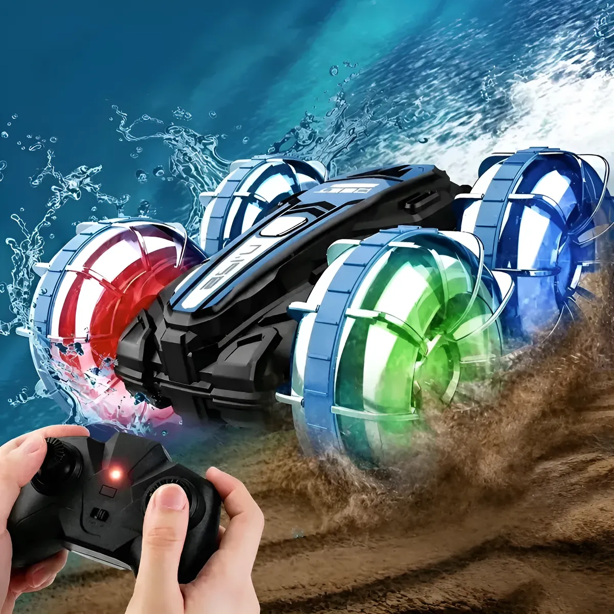 Carro Rc Anfíbio Led Água Terra Giro 360° - Brink Brasil Azul