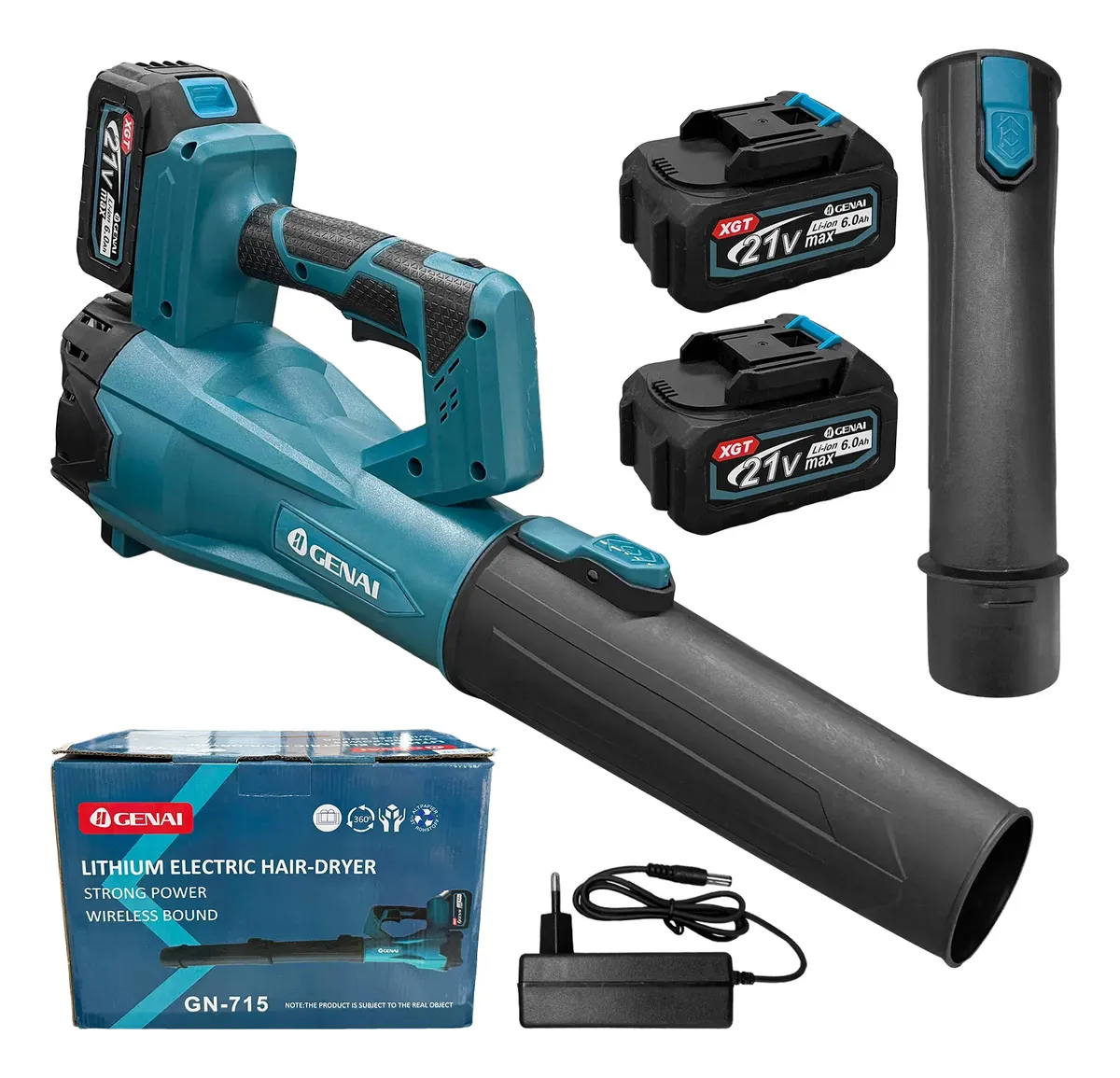 Soprador Folhas Eletrico 21v Brushless 2 Bateria Kit Genai Azul-aço 21v