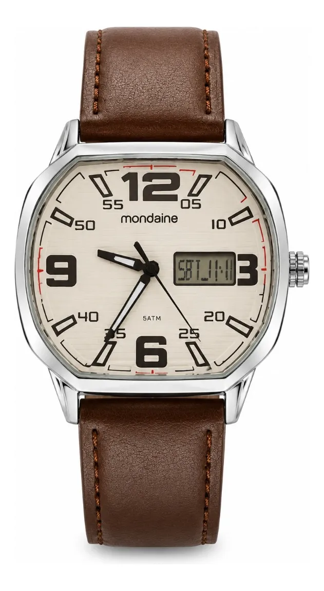 Relógio Mondaine Masculino Anadigi Couro Marrom 46mm Prata