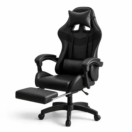 Cadeira Gamer De Escritório Play Ergonômica Estofado Couro Sintético Reclinável Altura e Braços Ajustável Base Giratória 360 Apoio Para Pés E Sistema de Inclinação Avançado Suporta 150kg Cor Preto