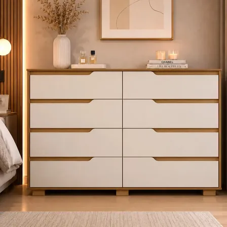 Cômoda Gaveteiro Georgia 8 Gavetas Freijó Off White Ampla Moderna para Quarto Organização de Roupas e Acessórios
