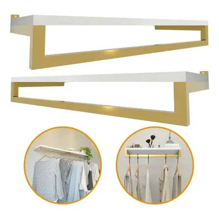 Kit 2 Cabideiros Arara De Parede Prateleira Mdf Closet Cor Branco/Dourado