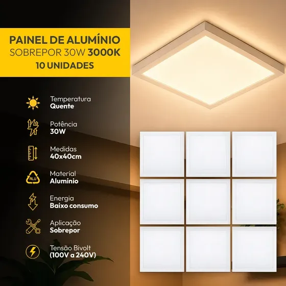 Kit 10 Painel Led Plafon Aluminio Sobrepor 30w 3000k Branco Quente 40x40cm Quadrado Cod: ALUT002014-10 Alut By Avant