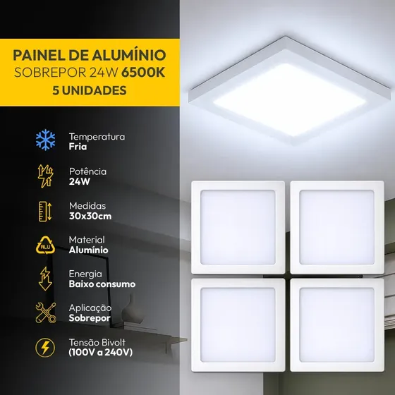 Kit 5 Painel Led Plafon Aluminio Sobrepor 24w 6500k Branco Frio 29x29cm Quadrado Cod: Alut002010-5 Alut By Avant 127/220v