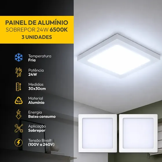 Kit 3 Painel Led Plafon Aluminio Sobrepor 24w 6500k Branco Frio 29x29cm Quadrado Cod: Alut002010-3 Alut By Avant 127/220v