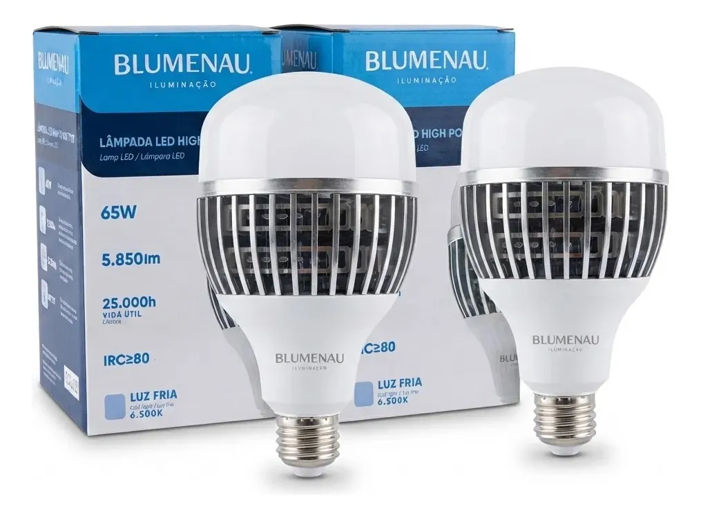 2 Lâmpadas Led Bulbo 65w 6500k E27 Bivolt Branco Frio 5850lm 127/220v Branco-frio