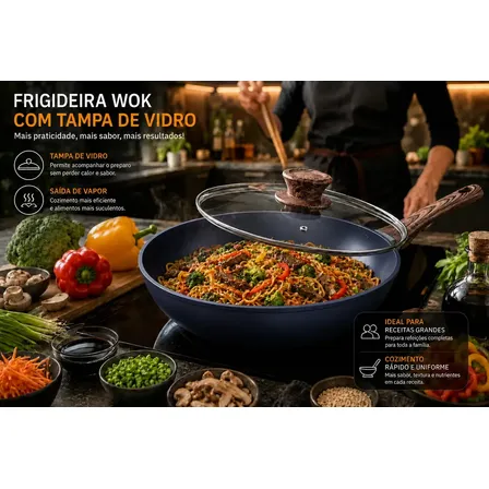 Frigideira Wok Antiaderente Cerâmica 28cm 4L com Tampa de Vidro Indução Gás Elétrico Vitrocerâmico Cook Cerâmica granito azul