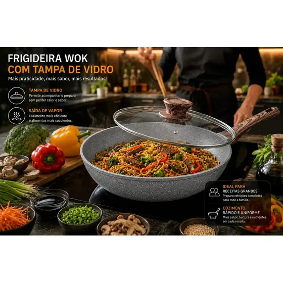 Frigideira Wok Antiaderente Cerâmica 28cm 4L com Tampa de Vidro Indução Gás Elétrico Vitrocerâmico Cook Cerâmica granito cinza