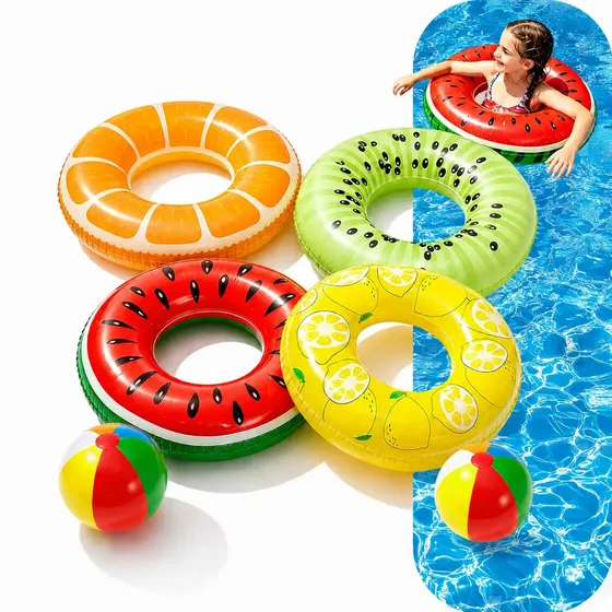 Kit Com 4 Boias Infláveis de Frutas e 2 Bolas Para Piscina e Praia