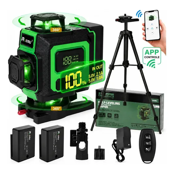 Nível A Laser Verde 16 Linhas + Tripé + 2 Baterias
