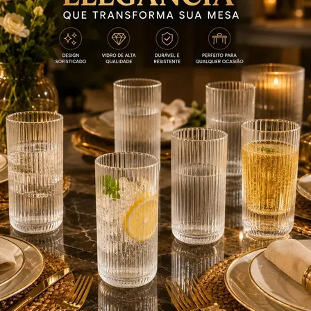 Jogo 6 Copos Vidro Canelado 450ml Grande Premium Água Suco Refrigerante Whisky Gin Drinks Coquetel Cerveja Long Drink Moderno Elegante Mesa Posta Cozinha Restaurante Bar Pétalas Douradas