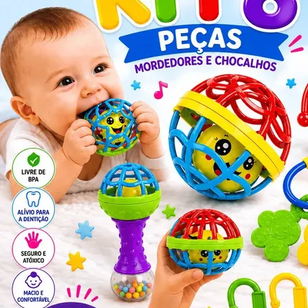 Kit Mordedor para Bebê brinquedo Sensorial Silicone com Chocalho 8 Peças Coloridas