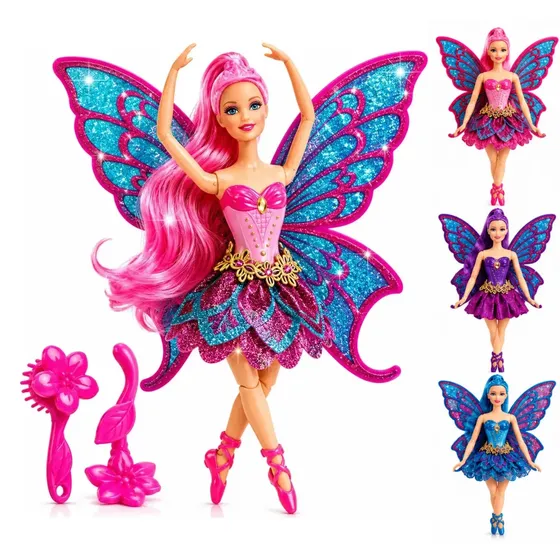Boneca Bailarina Fada Princesa Articulada Ballet Com Asas Brilhantes Grande 30cm Colorida com Acessorios - Petite Flô