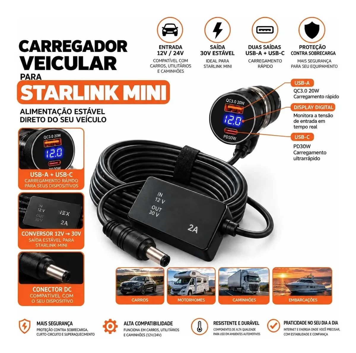 Cabo Estabilizador Veicular Starlink Mini 12v/24v 30v 3m
