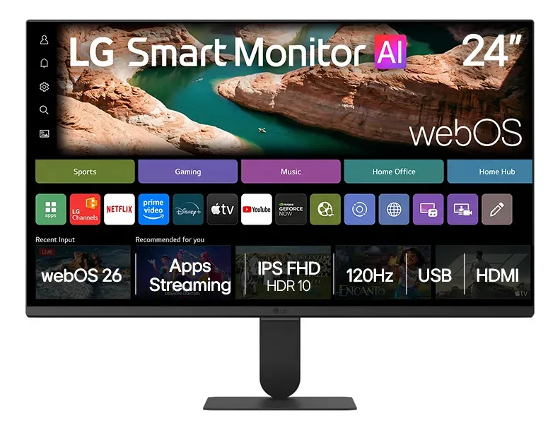 Monitor LG Smart, Tela IPS de 24”, FHD, WebOS 26, HDR10, ThinQ, Wi-fi, AirPlay, Bluetooth, 5ms (GtG), 120Hz, 2X USB, 2X HDMI, Preto- 24U511SB