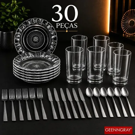Aparelho Jantar Completo Jogo 30 Peças Pratos Fundos Lisa + Copos Vidro Liso + Talheres Inox Mesa Posta Geenngray Transparente