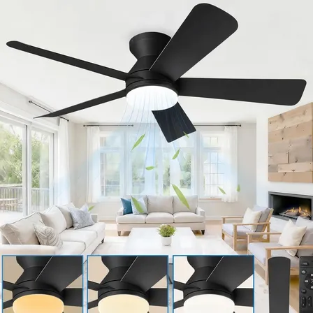 Ventilador de Teto 42" Com Luz LED, 5 Pás, Motor Silencioso e Controle Remoto Para Sala ou Quarto,preto