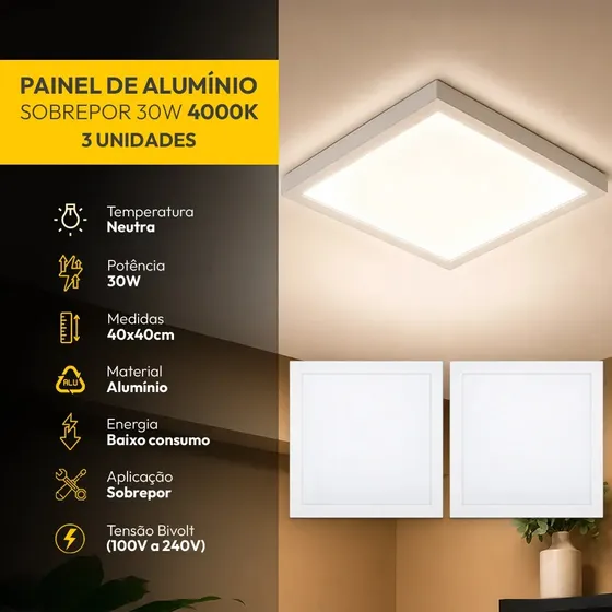 Kit 3 Painel Led Plafon Aluminio Sobrepor 30w 4000k Branco Neutro 40x40cm Quadrado Cod: ALUT002015-3 Alut By Avant