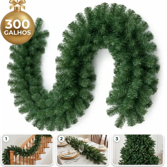 Festão Aramado Com 300 Galhos Natal Grosso 2,70 Metros Cheios Flexível Decoração - Inpari Imports