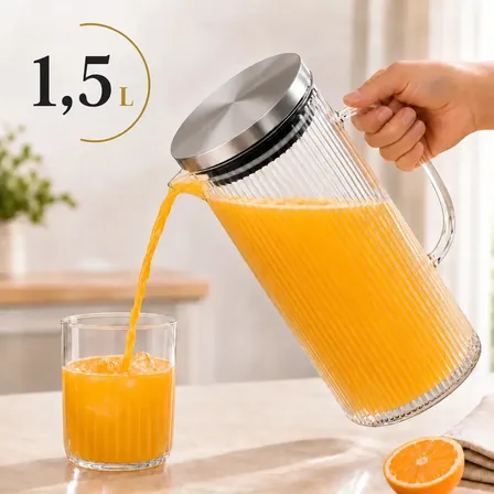 Jarra Vidro Borossilicato 1,5 Litros Tampa Inox Hermética Agua Suco Transparente Serrilhada 1,5l Serrilhada