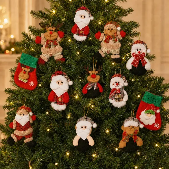 Kit 12 Bonecos Natalinos Enfeites Pendentes Papai Noel Urso Meia Decoração Árvore De Natal Colorido