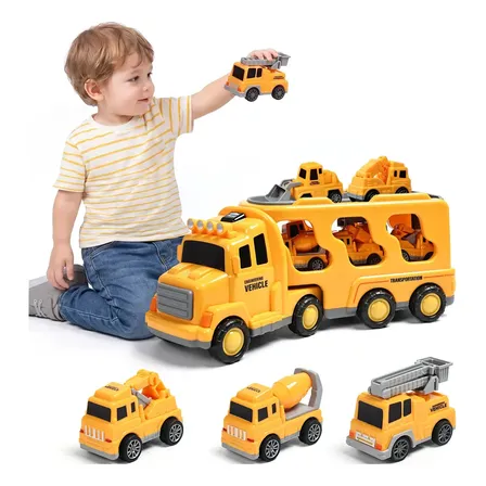Brinquedo Caminhão 7 em 1 de Obras Infantil com Luzes e Sons - Conjunto com 6 Carrinhos: Escavadeira, Betoneira e Bombeiro, Presente Ideal para Crianças