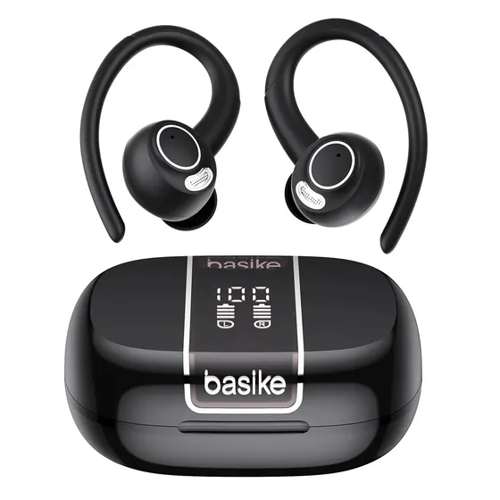Fone de Ouvido Bluetooth Basike TWS Esportivo Com Cancelamento de Ruído e Gancho IPX4