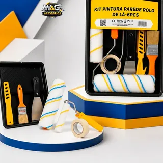 Kit Para Pintura Parede Bandeja Rolo Lã Fita Crepe E Pincel 6 Pçs W&G