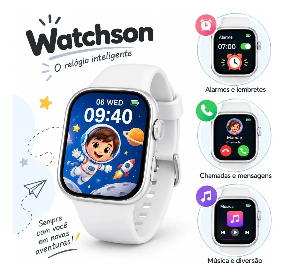 Smartwatch Relógio Inteligente Infantil Bluetooth + Chamadas Prateado Mesh Branco Preto