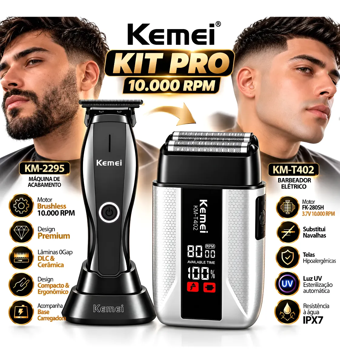 Kit 2 Máquinas Kemei Acabamento Km-2295 + Barbeador T402 Pro 127/220v