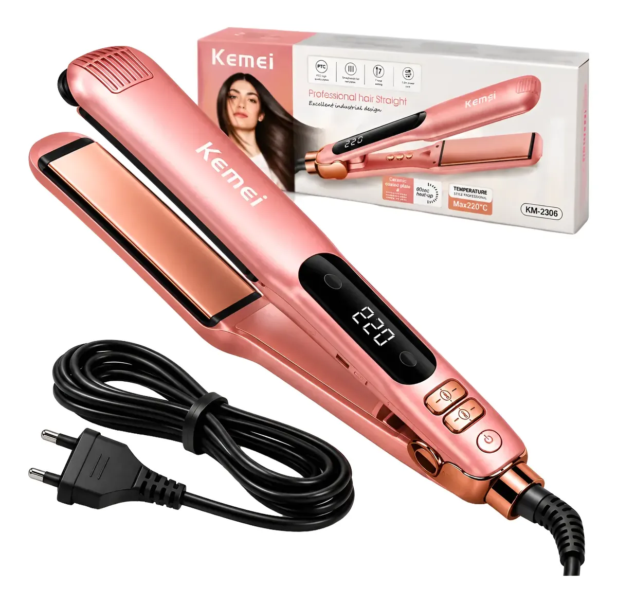 Prancha Chapinha Alisadora Kemei Km-2306 Controle Digital Rosé Dourado 127/220v