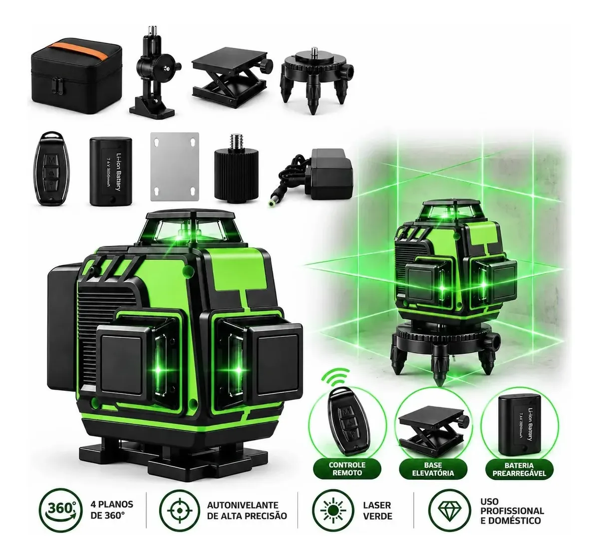 Nível Laser Verde 16 Linhas 360° 4d 30m 2 Baterias Com Acess
