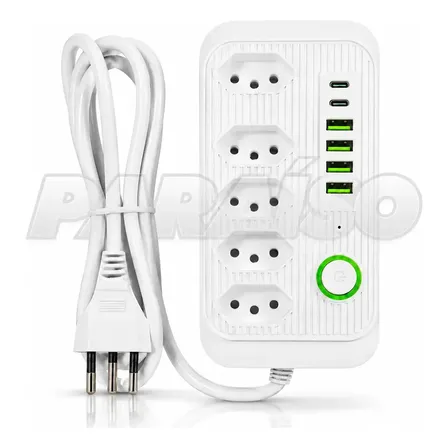 Extensão Paraíso Elétrica com 5 Tomadas, 4 USB e 2 Tipo C, Cabo de 2m