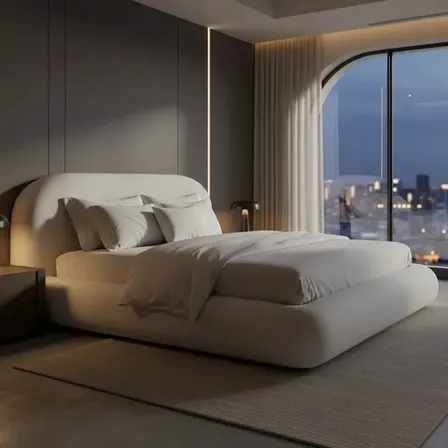 Cama Queen Maia Estofada Bouclé Premium Moderna Cabeceira Bege Linho/bouclê