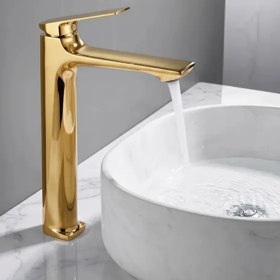 Torneira Monocomando Banheiro Alta Dourada Aço Inox 304 Para Cuba de Apoio, Cartucho Cerâmico, Mangueiras 60cm, Conexão 1/2