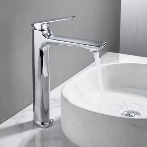 Torneira Monocomando Banheiro Alta Aço Inox 304 Cromada Para Cuba de Apoio, Cartucho Cerâmico, Mangueiras 60cm, Conexão 1/2